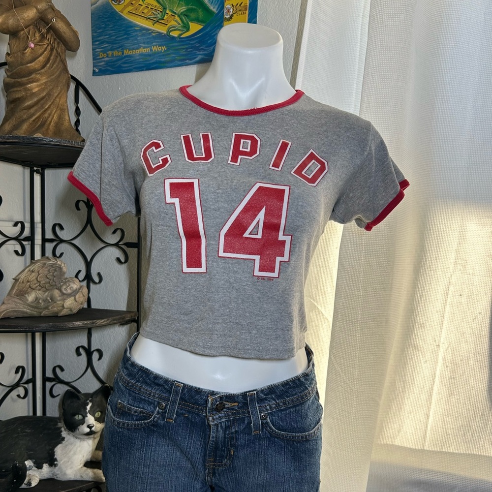 Vintage 1995 Blanc Noir Gray and Red Cupid 14 Crop Top
